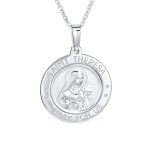 Large Patron of Missions Saint Theresa Pendant Necklace in Sterling Silver