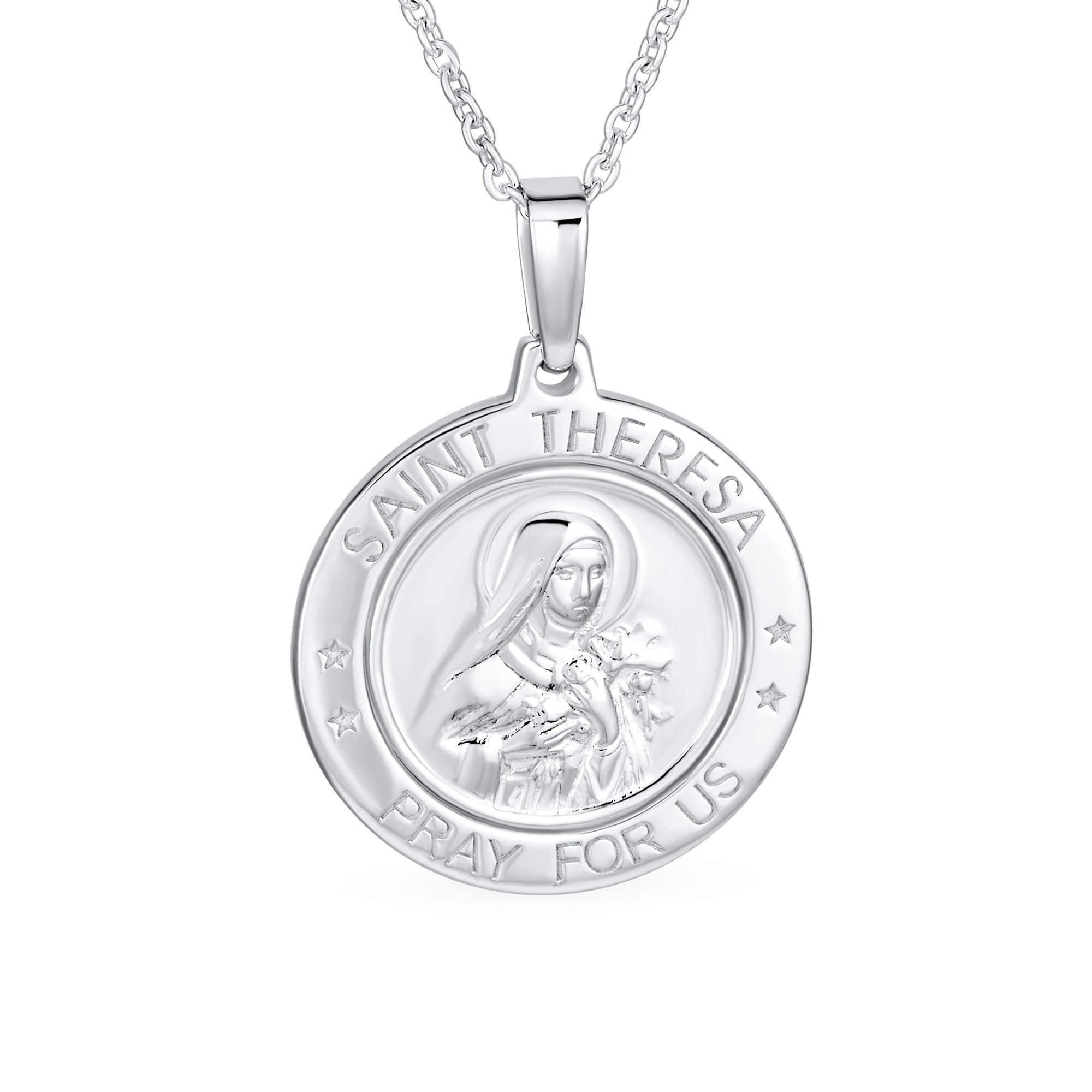 personalize-religious-medallion-saint-theresa-srn-s124618n_01 Large Patron of Missions Saint Theresa Pendant Necklace in Sterling Silver - Image 1