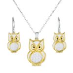 Two Tone Owl Pendant Necklace & Earrings Jewelry Set 14k Gold Plated Silver
