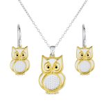 Two Tone Owl Pendant Necklace & Earrings Jewelry Set 14k Gold Plated Silver