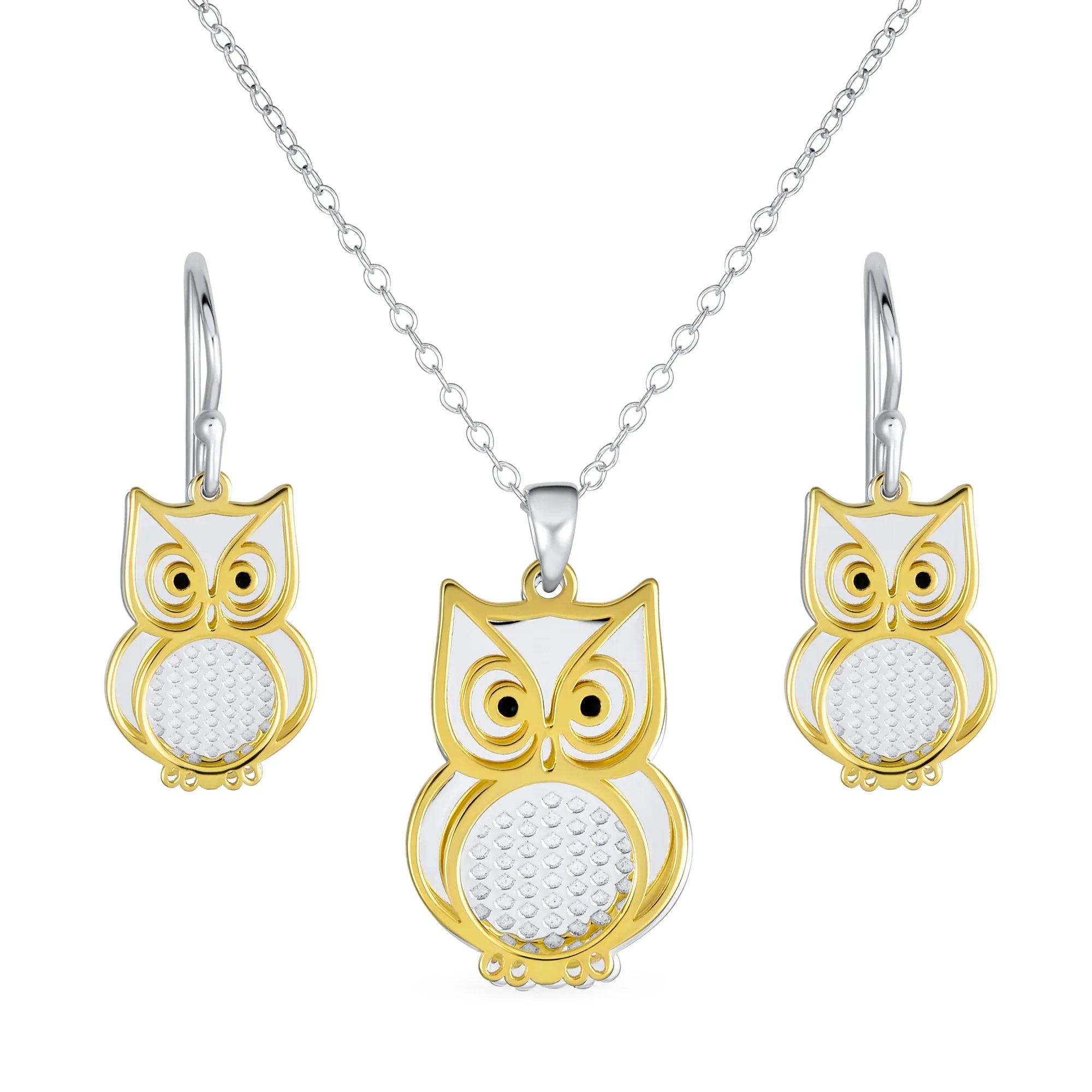 personalize-two-tone-owl-jewelry-set-srn-s125733n_01_1 Two Tone Owl Pendant Necklace & Earrings Jewelry Set 14k Gold Plated Silver - Image 1