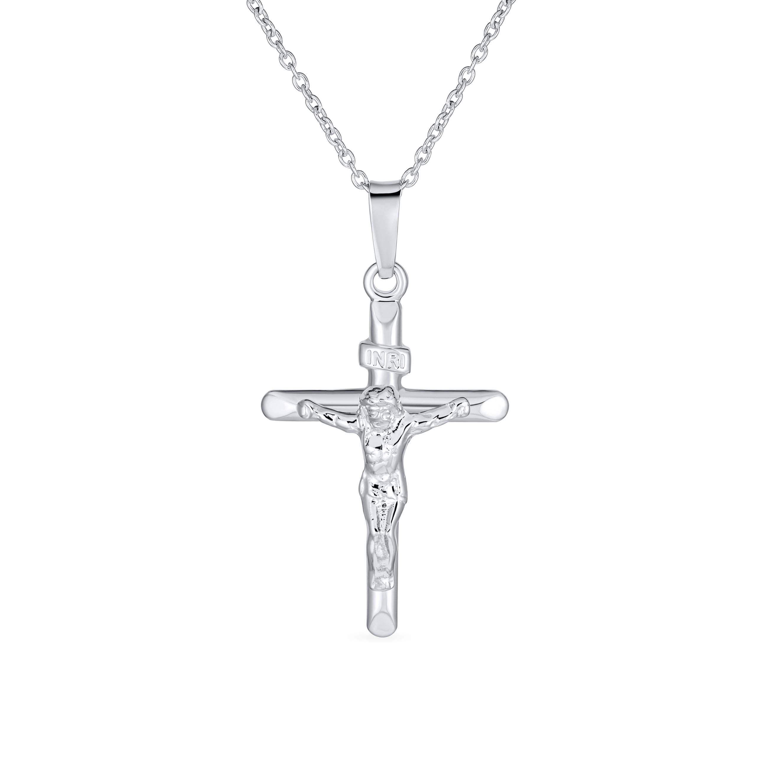 personalize-unisex-christian-crucifix-pendant-sterling-srn-s119325p-az-01 Religious INRI Jesus Crucifix Cross Necklace Pendant .925 Sterling Silver 18 Inch - Image 1