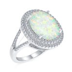 Vintage Style Gemstone Opal Cocktail Statement Ring with CZ Halo Sterling Silver - Image 2
