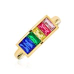 Mens Stainless Steel Gold Tone Rainbow Ring Princess Cut Square CZs for LGBTQ