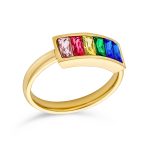 Mens Stainless Steel Gold Tone Rainbow Ring Princess Cut Square CZs for LGBTQ - Image 2