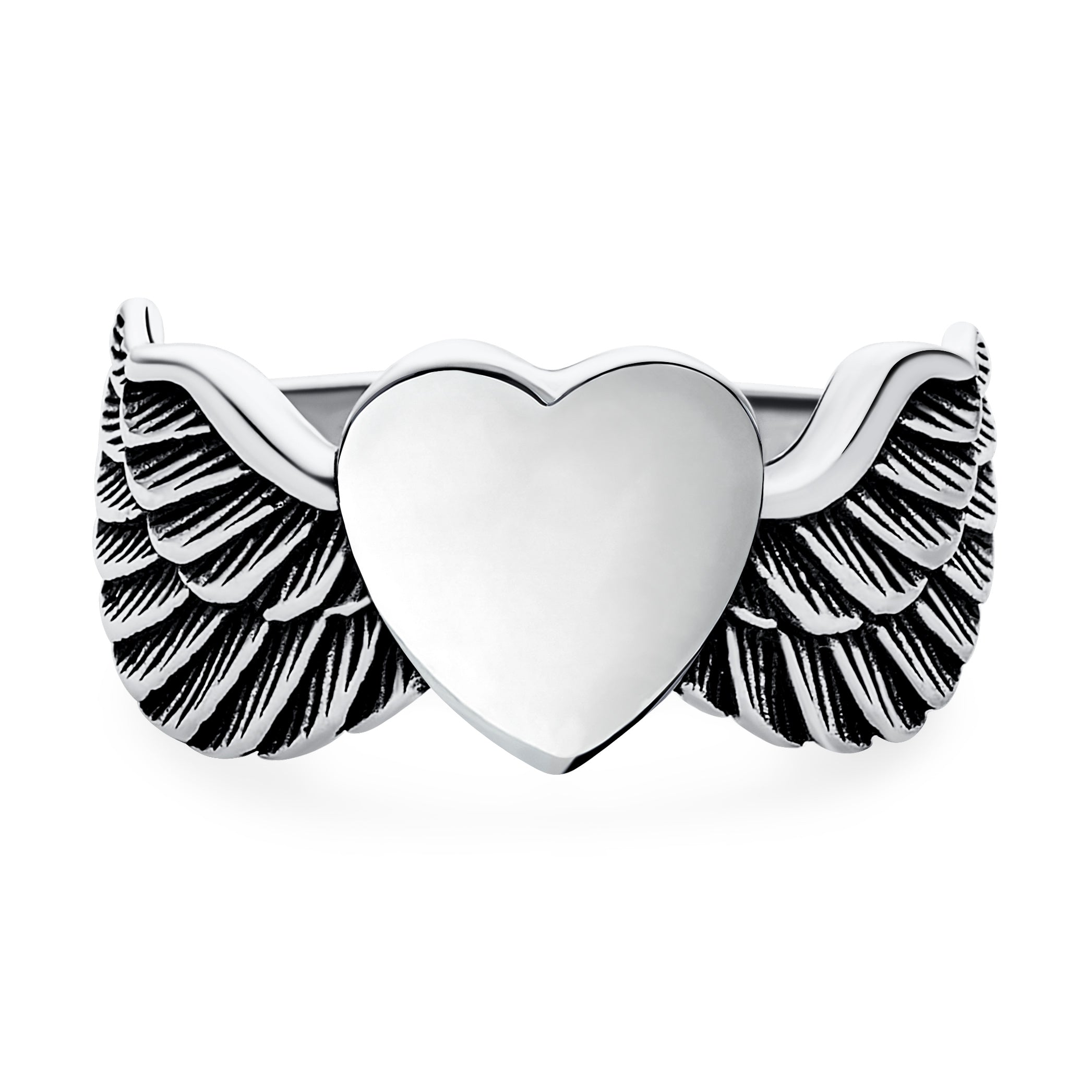 personalized-heart-angel-wing-ring-pts-oby-70-01 Mens Stainless Steel Heart Angel Wing Feather Band Ring Unisex Monogram Initials - Image 1