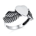 Mens Stainless Steel Heart Angel Wing Feather Band Ring Unisex Monogram Initials - Image 2