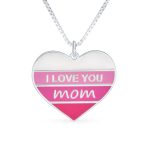 Pink Stripe Heart Words I love You Mom Heart Necklace Pendant .925 Sterling Silver