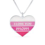 Pink Stripe Heart Words I love You Mom Heart Necklace Pendant .925 Sterling Silver