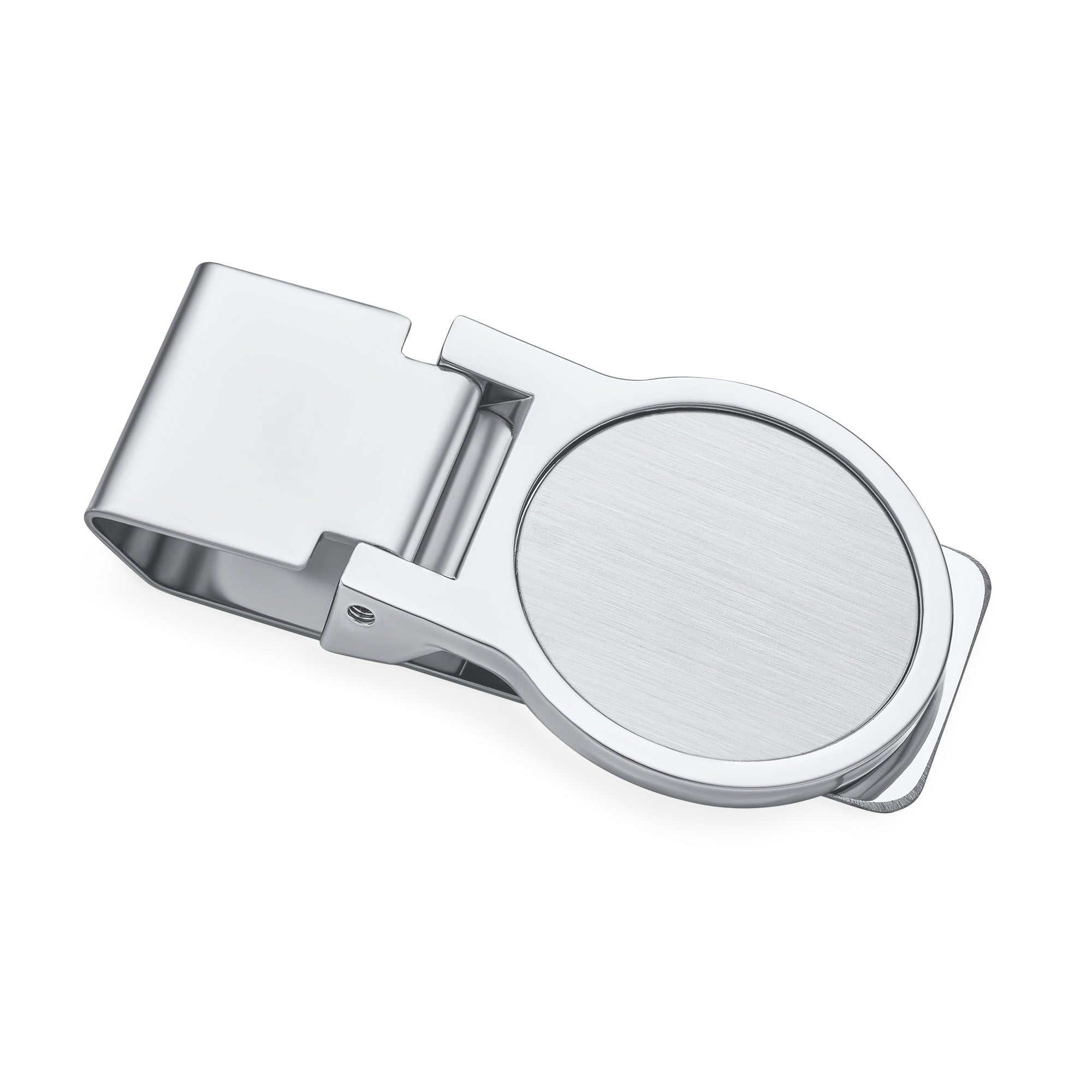 personalized-simple-circle-fold-over-clip-sgd-b020_01 Large Round Hinged Style Money Clip Card Holder for Men Silver Stainless Steel - Image 1