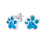 Best Friend Animal Pet Lover Created Blue Opal Paw Print Stud Earrings .925 Sterling Silver