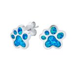Best Friend Animal Pet Lover Created Blue Opal Paw Print Stud Earrings .925 Sterling Silver