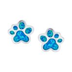 Best Friend Animal Pet Lover Created Blue Opal Paw Print Stud Earrings .925 Sterling Silver - Image 2