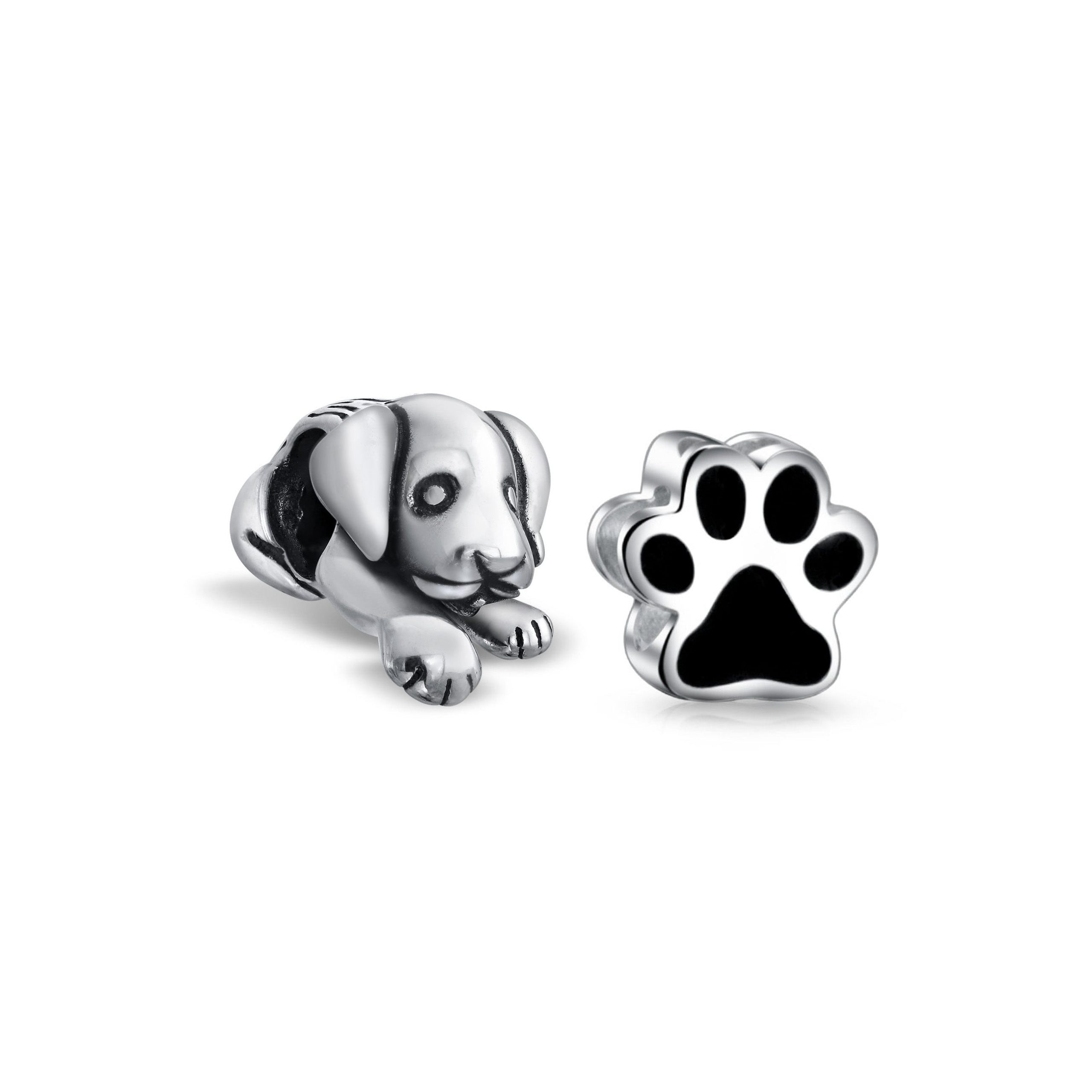 pet-lover-silver-charm-bead-pbx-uec-2-7-set-az Set of 2 Sleepy Puppy Dog & Black Shape Paw Print Pet Animal Lover Charm Bead - Image 1