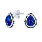 Small Bali Style Teardrop Bezel Edged Natural Stone Stud Earrings Sterling Silver