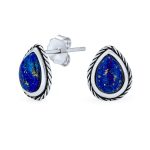 Small Bali Style Teardrop Bezel Edged Natural Stone Stud Earrings Sterling Silver