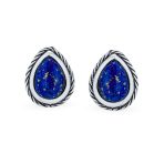 Small Bali Style Teardrop Bezel Edged Natural Stone Stud Earrings Sterling Silver - Image 2