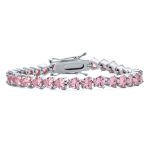 Romantic Classic Hearts Shape Pink CZ Tennis Bracelet Silver Plated Rhodium 7 Inch