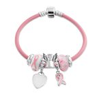 Empowerment Pink Ribbon Charm Bracelet - Genuine Leather Silver Clasp 6-8 Inch
