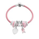 Empowerment Pink Ribbon Charm Bracelet - Genuine Leather Silver Clasp 6-8 Inch