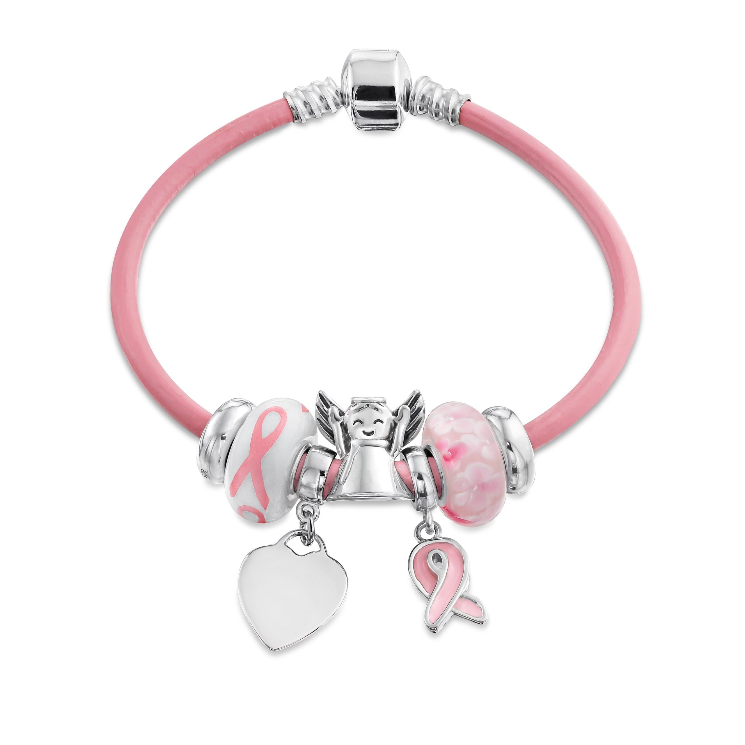 pink-cancer-breast-bracelet-pandora_pbx-br-pnk_111 Empowerment Pink Ribbon Charm Bracelet - Genuine Leather Silver Clasp 6-8 Inch - Image 1