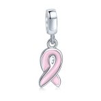 Radiant Pink Ribbon Hope Dangle Charm Bead Sterling Silver for Bracelets