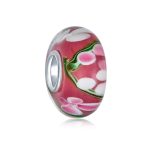 Set of 4 Pink Red Floral Hibiscus Glass Charm Bead for European Bracelets with Sterling Silver Core - Image 2
