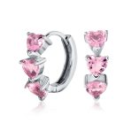 Romantic Pink Heart CZ Hoop Earrings Small Huggie Silver - Image 2