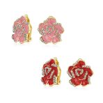 Pink Red Enamel Flower Crystal Edge Clip-On Earrings Gold Plated For Non-Pierced - Image 3