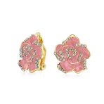 Pink Red Enamel Flower Crystal Edge Clip-On Earrings Gold Plated For Non-Pierced - Image 2