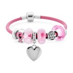 Breast Cancer Pink Ribbon Engraving Heart Charm Live Laugh Love Bead Charm Leather Bracelet Sterling Silver