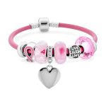 Breast Cancer Pink Ribbon Engraving Heart Charm Live Laugh Love Bead Charm Leather Bracelet Sterling Silver