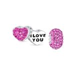 Set of 2 I Love You Princess Heart & Solid Pink Crystal Bead Charm Silver