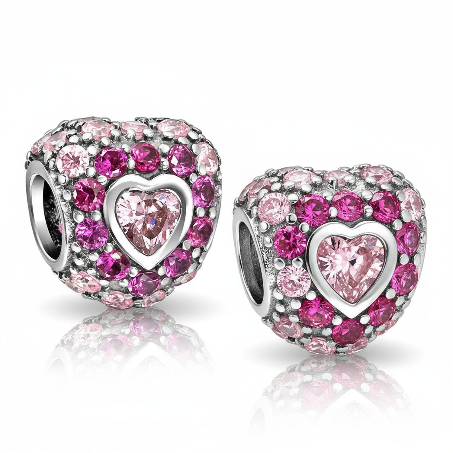 pink-heart-cz-charm-pair-pbx-hsz-103-rse-set-az Set of 2 Pink CZ Pave Heart Charm Bead Sterling Silver for European Bracelet - Image 1