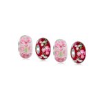 Set of 4 Pink Red Floral Hibiscus Glass Charm Bead for European Bracelets with Sterling Silver Core