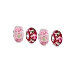 Set of 4 Pink Red Floral Hibiscus Glass Charm Bead for European Bracelets with Sterling Silver Core