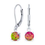 Simple Solitaire Pink Created Opal Dangle Gemstone Earrings in Sterling Silver