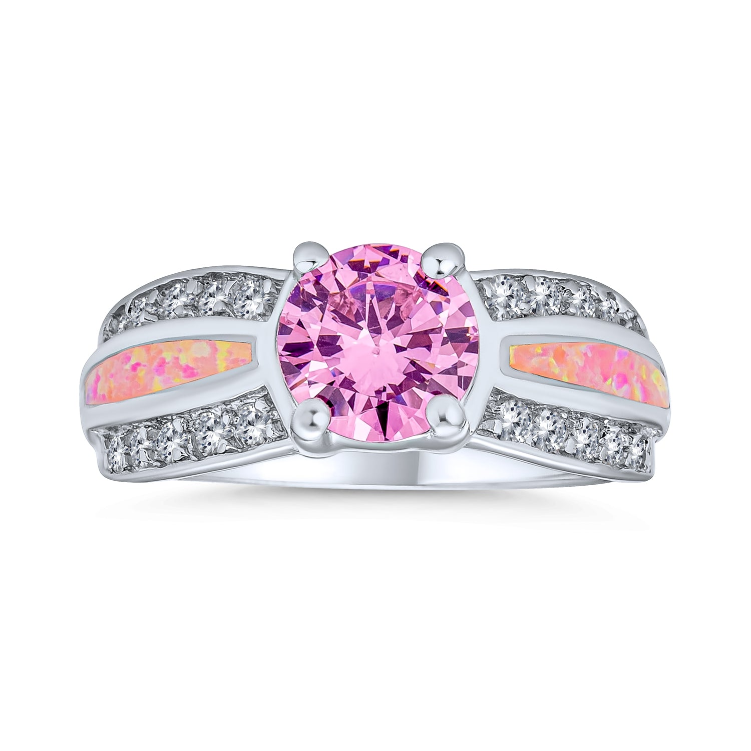 pink-opal-ring-cz-inlay_xny-rs0458a1-6-az-2 Unique Pink AAA CZ Round Solitaire Engagement Ring with Opal Inlay Band - Image 1