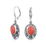 Western Style Floral Bezel Set Pink Orange Coral Dangle Earrings .925 Sterling Silver