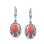 Western Style Floral Bezel Set Pink Orange Coral Dangle Earrings .925 Sterling Silver - Image 4