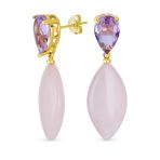 Gemstone Pink Quartz Rhombus Teardrop Purple CZ & Dangling Earrings Gold Plated - Image 2