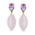 Gemstone Pink Quartz Rhombus Teardrop Purple CZ & Dangling Earrings Gold Plated - Image 4