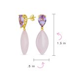 Gemstone Pink Quartz Rhombus Teardrop Purple CZ & Dangling Earrings Gold Plated - Image 8