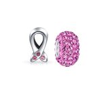 Set of 2 Pink Ribbon Breast Cancer Survivor & CZ  Spacer Charm Bead Silver