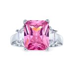 Classic 8CT Pink CZ Emerald Cut Statement Engagement Ring .925 Sterling Silver Baguette Accent