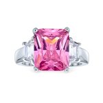 Classic 8CT Pink CZ Emerald Cut Statement Engagement Ring .925 Sterling Silver Baguette Accent