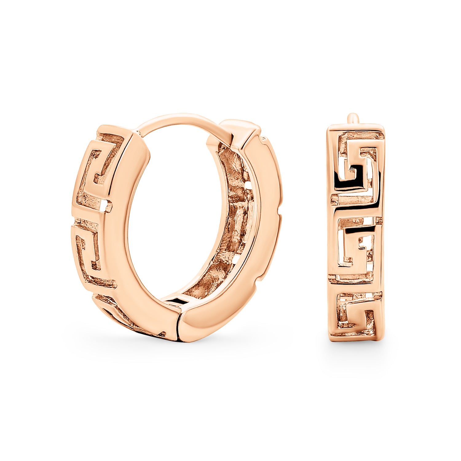 European Greek Key Two Tone Hoop Huggie Earrings Yellow Rose Gold Plated Silver - Image 2