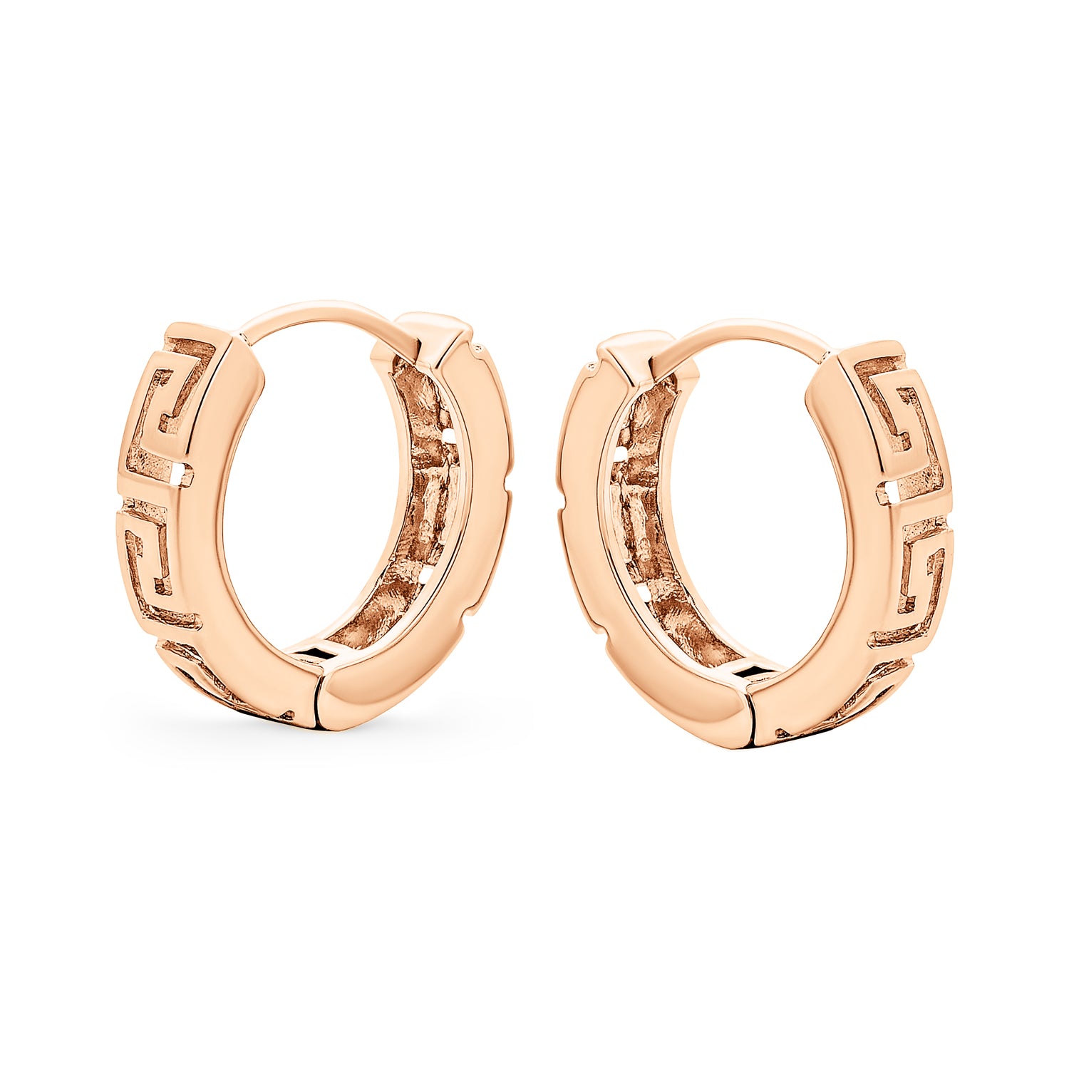 European Greek Key Two Tone Hoop Huggie Earrings Yellow Rose Gold Plated Silver - Image 4