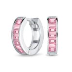 Set of 2 Baguette Cut Channel Set Blue & Pink CZ Hoop Earrings Sterling Silver - Image 3