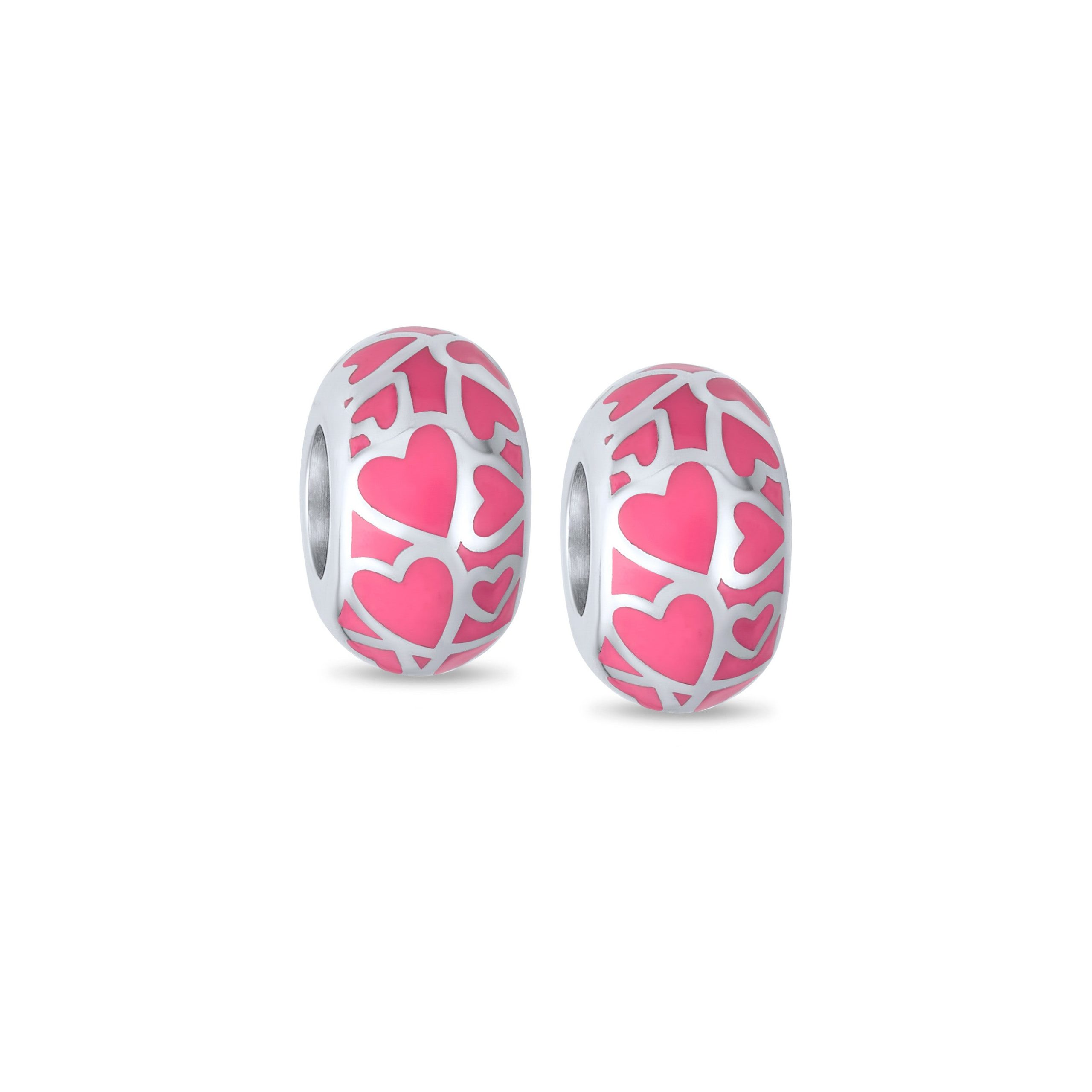 pink-silver-heart-charm-pbx-d-ss0719set-az Set of 2 Sterling Silver Pink Heart Murano Glass Charm Bead for European Bracelets - Image 1